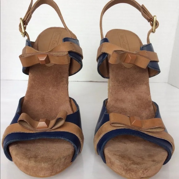 New Juicy Couture Women Block Heel Peep Toe Leather Raffia Navy Blue 9 Shoes - Picture 2 of 12